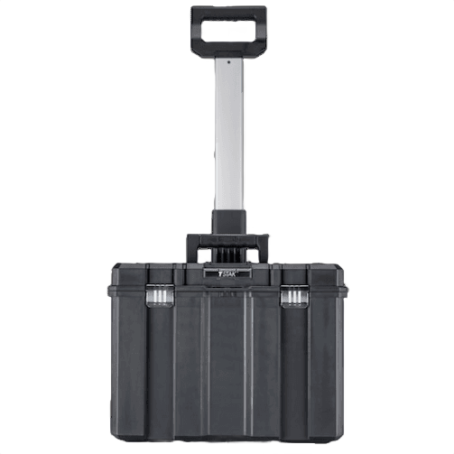 Black deep tool storage box on wheels with metal-plastic telescoping handle for workshop and jobsite organization