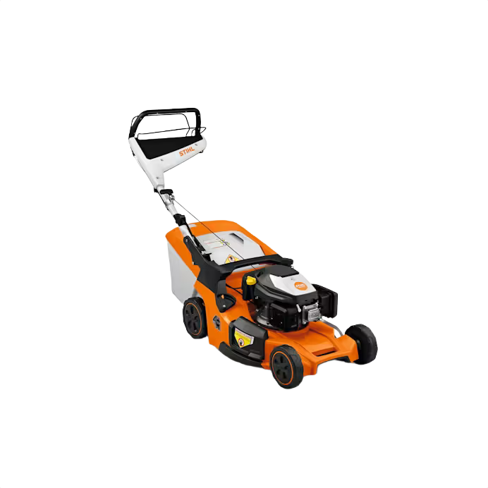 Orange and white self-propelled lawn mower with ergonomic handle, designed for outdoor power equipment and lawn care tasks