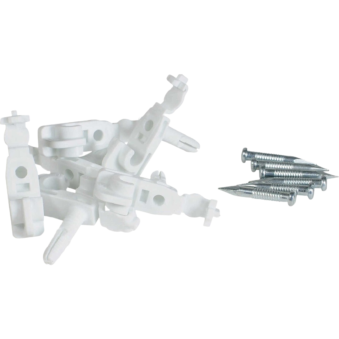 Set of white plastic direct mount back clips with metal screws for shelving support in storage and organization collections