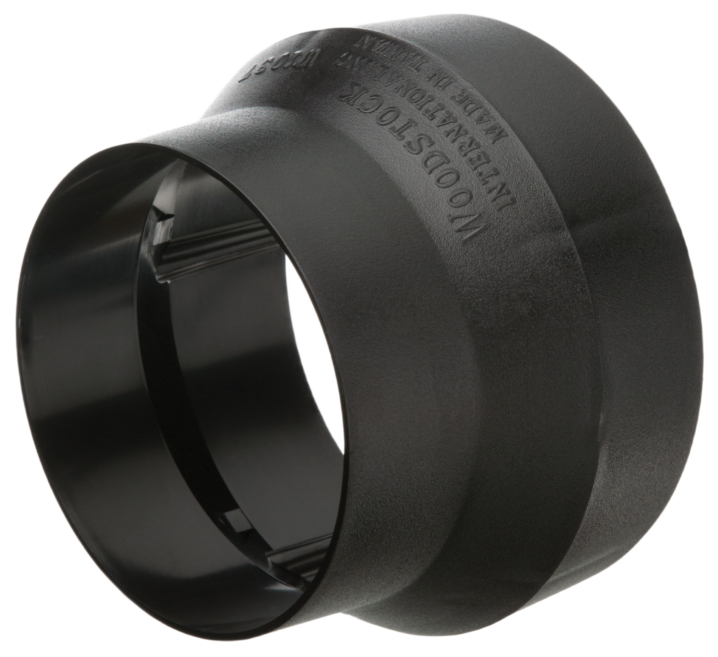 Black plastic reducer fitting designed for dust collectors and woodworking tools in home improvement projects under $50