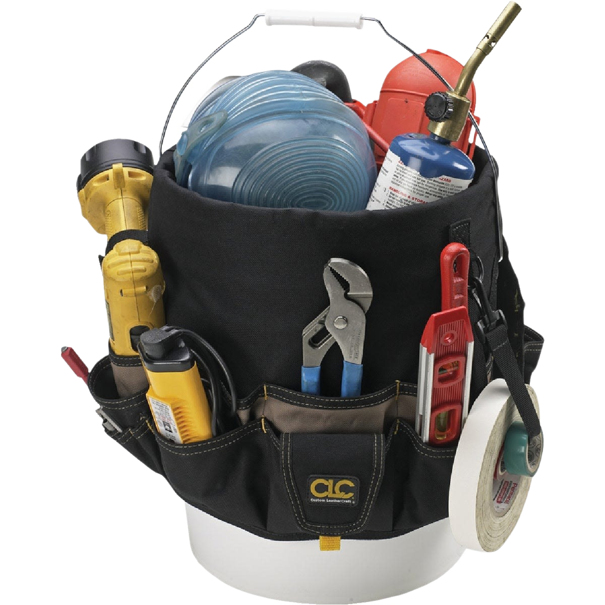Black fabric tool bucket organizer with multiple pockets holding hand tools and workshop accessories for tool storage collection