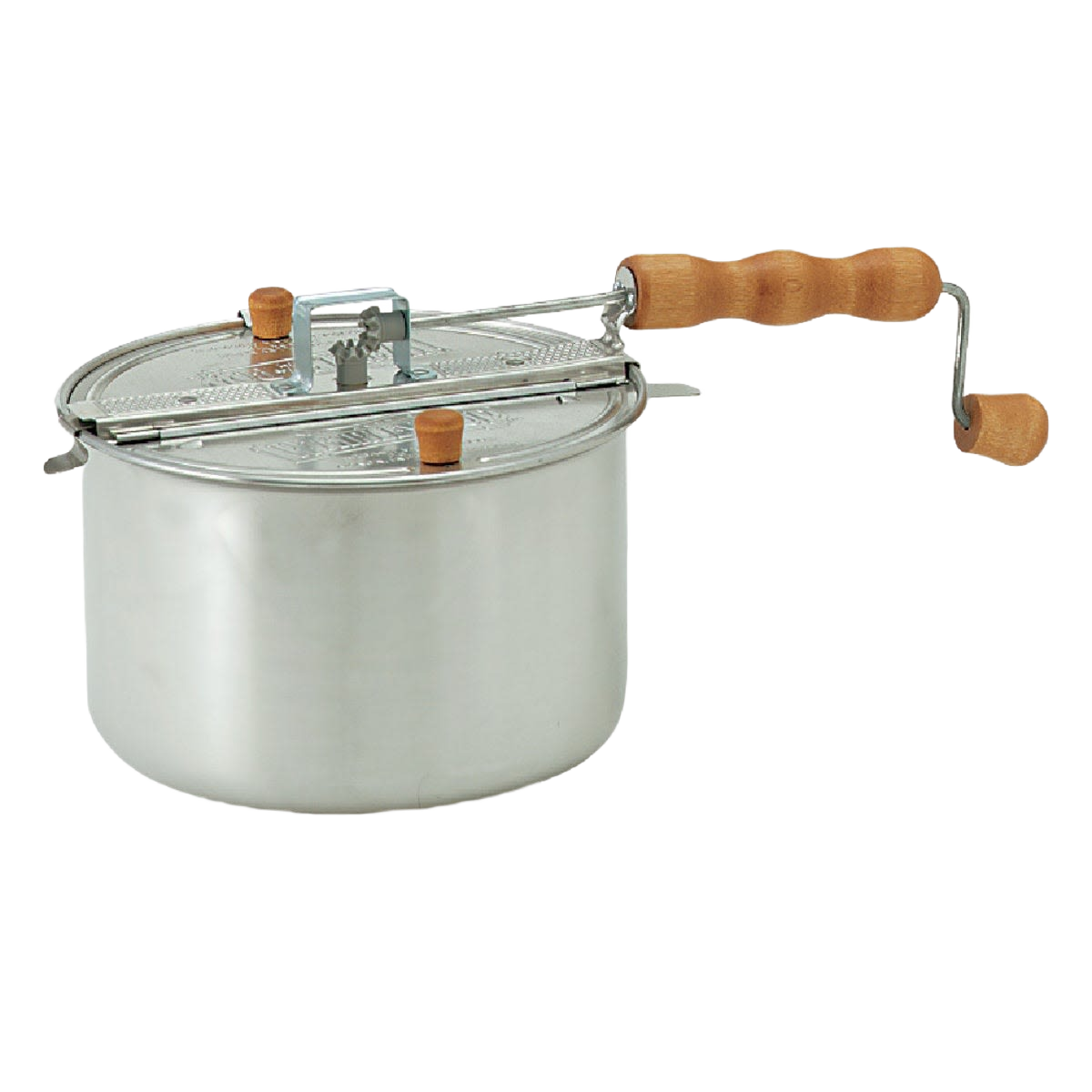 Stovetop popcorn popper with stainless steel body and wooden handle and knobs for home kitchen use