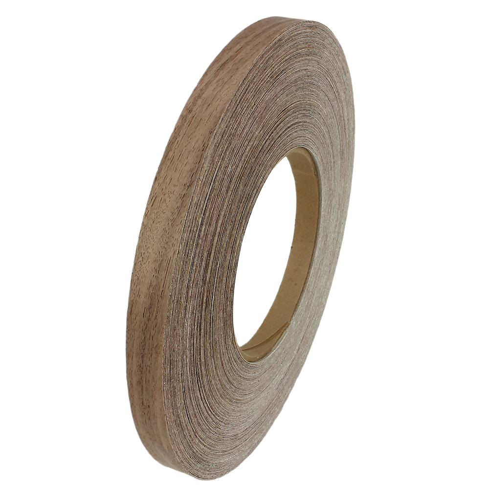 Roll of walnut wood edge banding tape for furniture and cabinetry home improvement projects