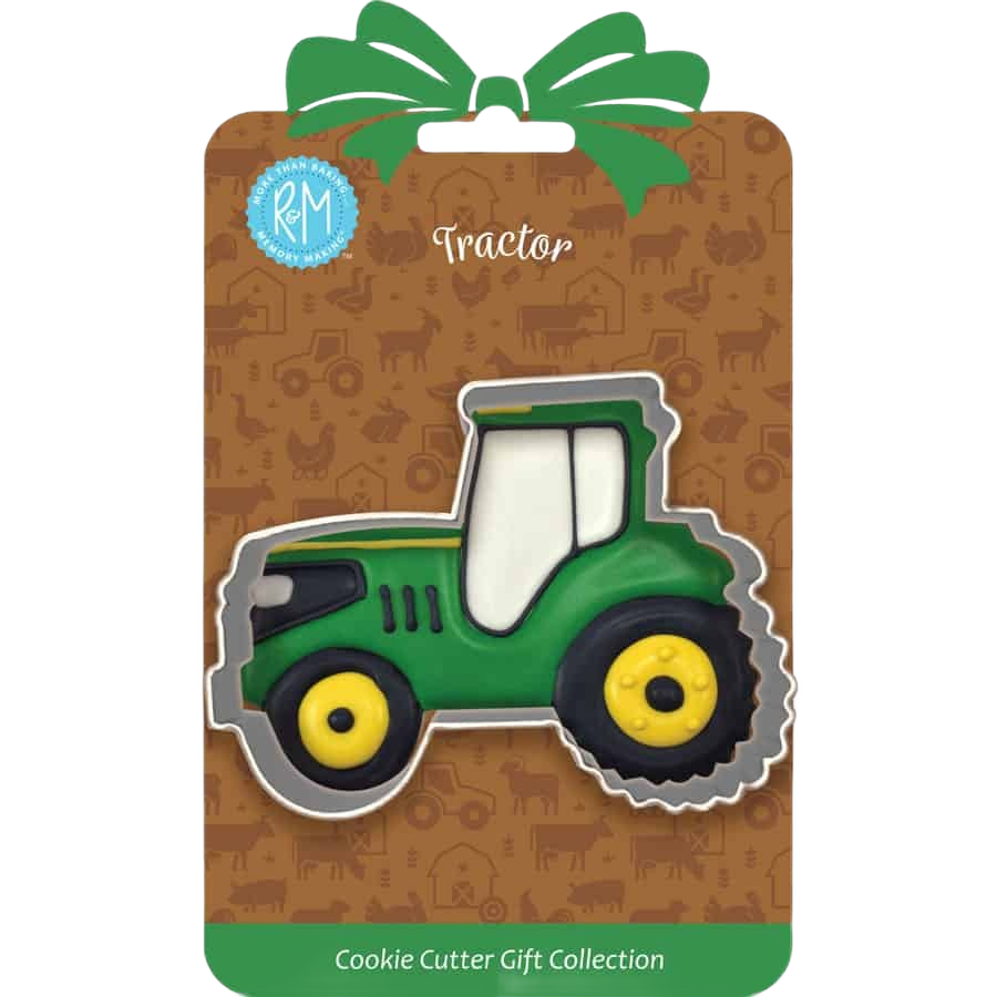 Tinplated steel tractor-shaped cookie cutter in green and yellow for Kitchenware and Bakeware collections under $50
