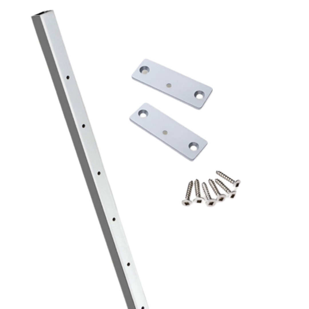 Silver metal intermediate picket with mounting plates and screws for deck accessories and outdoor living projects