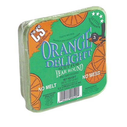Square suet cake with orange design packaging for year-round wild bird feeding outdoors