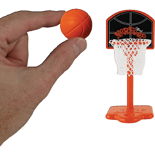 Hand holding miniature orange basketball next to official mini Nerf hoop with net for desktop play and home fun