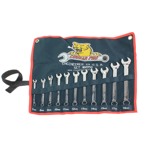 Set of metric combination wrenches in a black roll-up pouch with Cougar Pro logo for hand tools and home improvement use