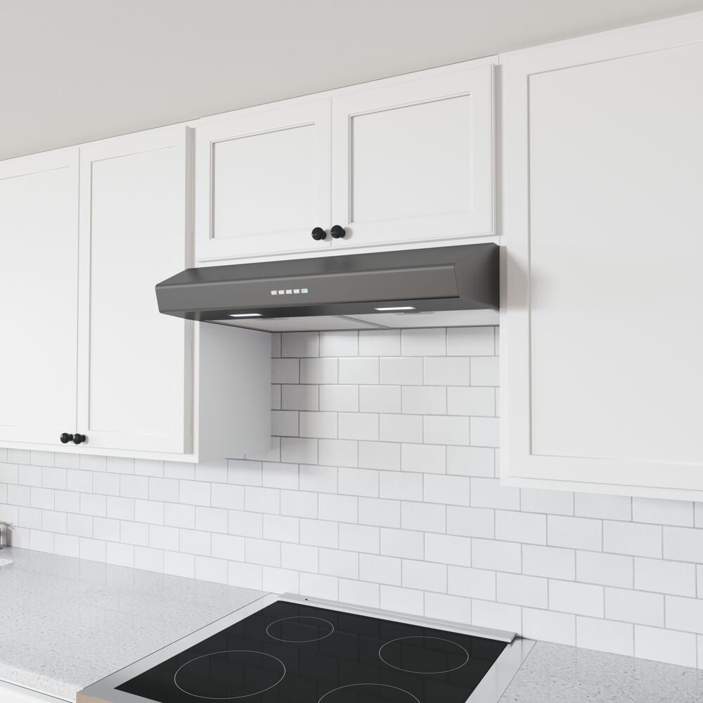 Sleek gray under cabinet range hood with LED lights, electronic controls, and white kitchen cabinetry in kitchenware collection