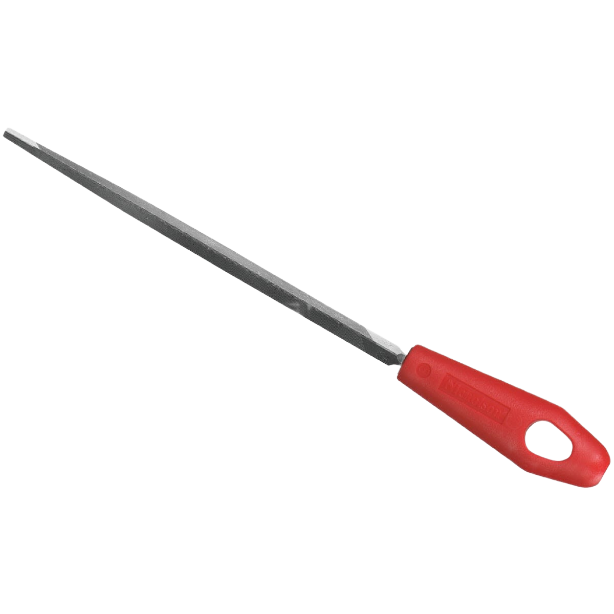 Slim triangular metal file with red plastic handle designed for precision shaping in tools and home improvement tasks