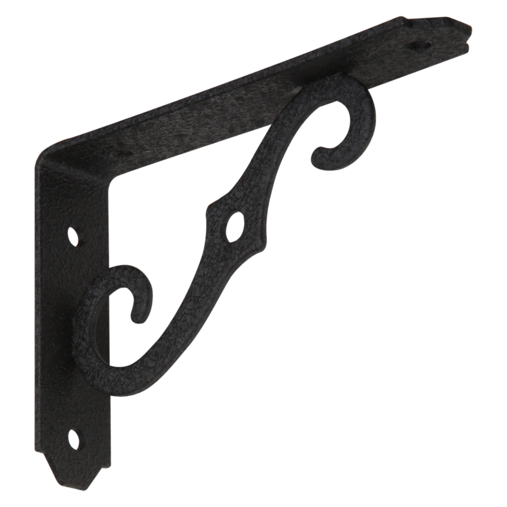 Black ornamental steel shelf bracket with decorative curved support for shelving and plant hanging in home improvement projects