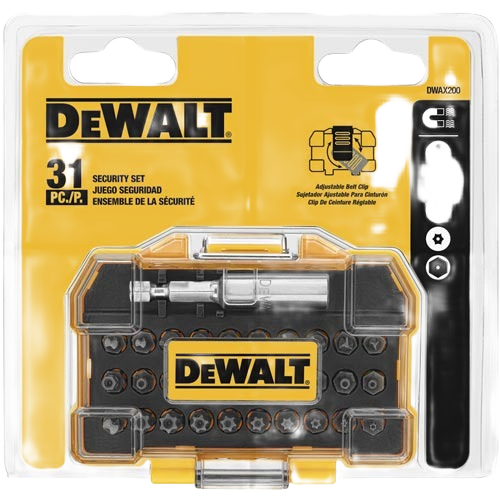 Compact security bit set with 31 pieces and adjustable belt clip for home improvement in tool accessories and drill bits