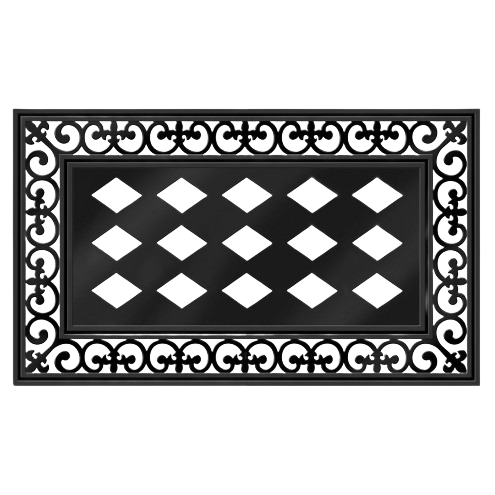 Black decorative mat tray with diamond cutouts and an ornamental scrollwork border for home improvement use