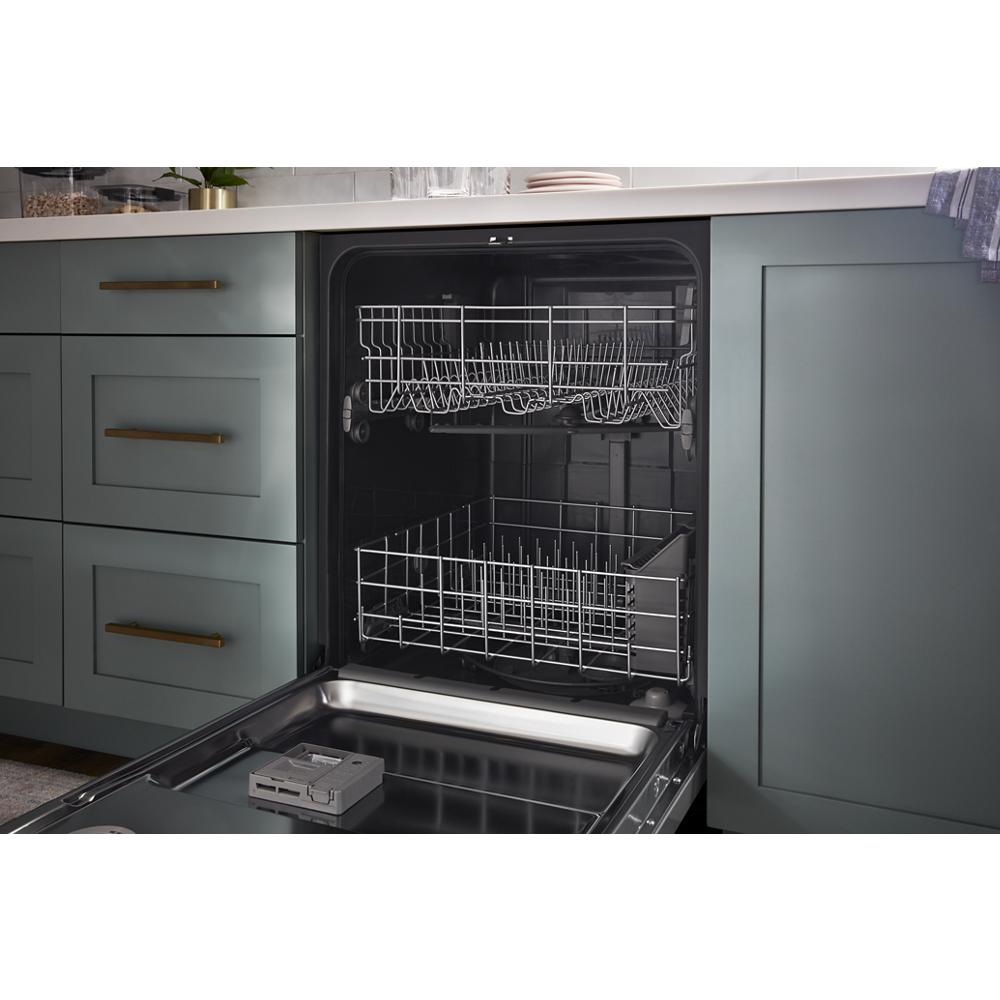 Open quiet dishwasher with adjustable upper rack and lower basket integrated into kitchen cabinetry in appliance collection
