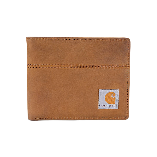 Brown leather bifold wallet with triple stitching and Carhartt logo patch for accessories and bags collections under 100 dollars