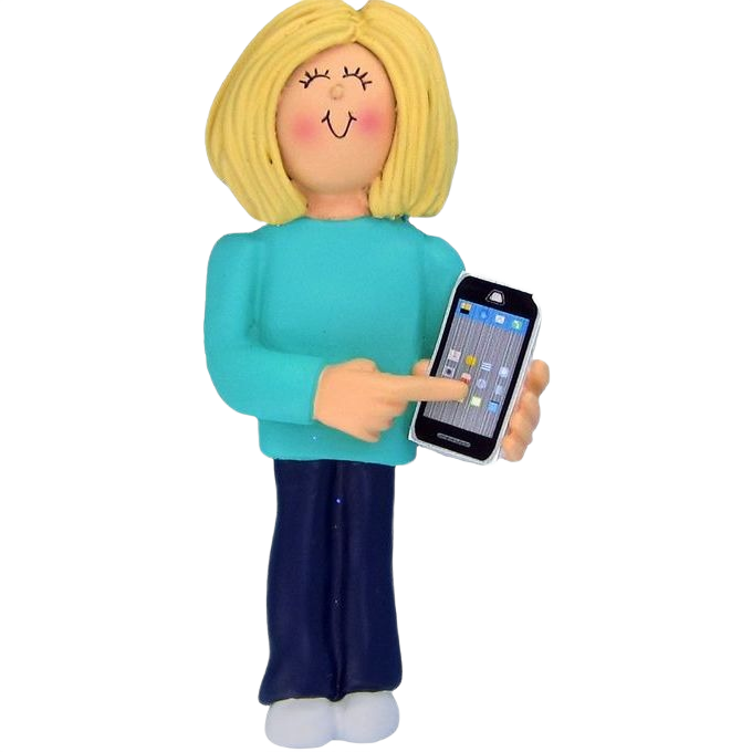 Blonde female figure in teal top holding smartphone with finger pointing, festive Christmas tree ornament under 50