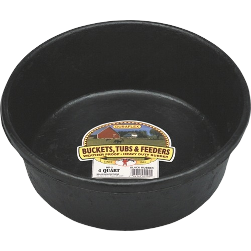 Heavy-duty black rubber feed pan with 4-quart capacity designed for durable animal feeding use