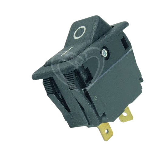 Black rocker switch with two brass terminals, designed for power control in John Deere parts and accessories collections