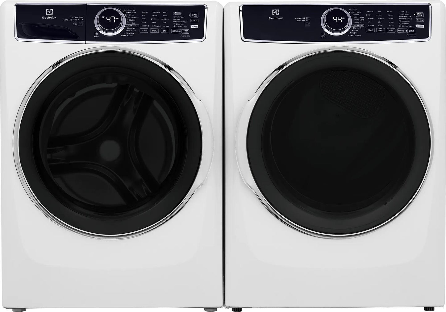 Pair of white front load appliances with large tinted black doors and digital control panels from washers and dryers collection