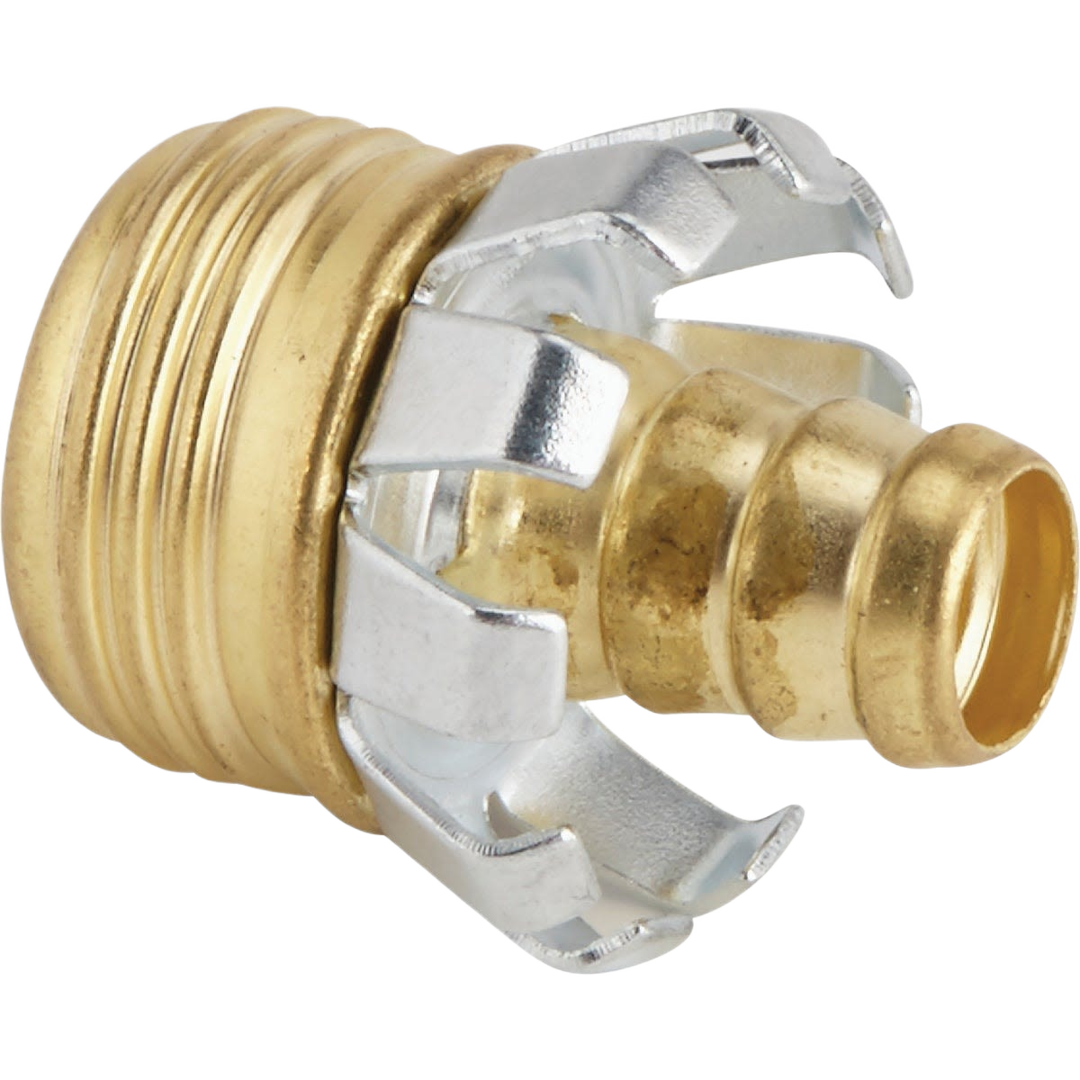 Brass male hose coupling mender with metal clamp for garden and home improvement use