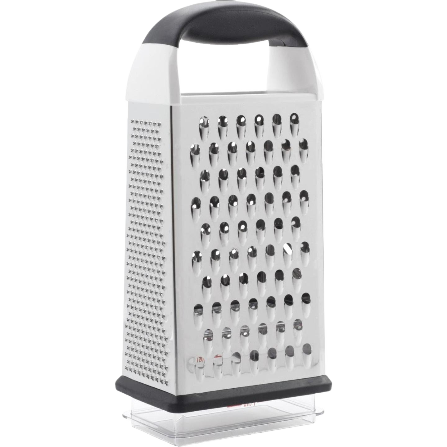 Stainless steel box grater with four grating surfaces and ergonomic black handle for kitchen gadget use