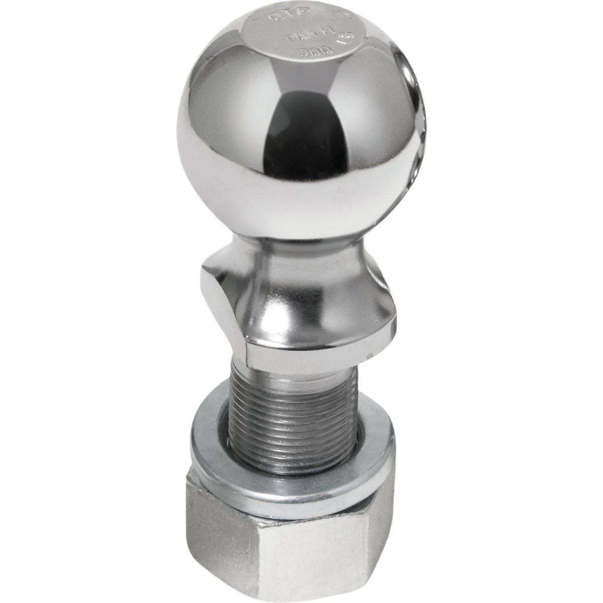 Chrome-finished tow hitch ball with threaded base for trailers and towing equipment in automotive accessories collections