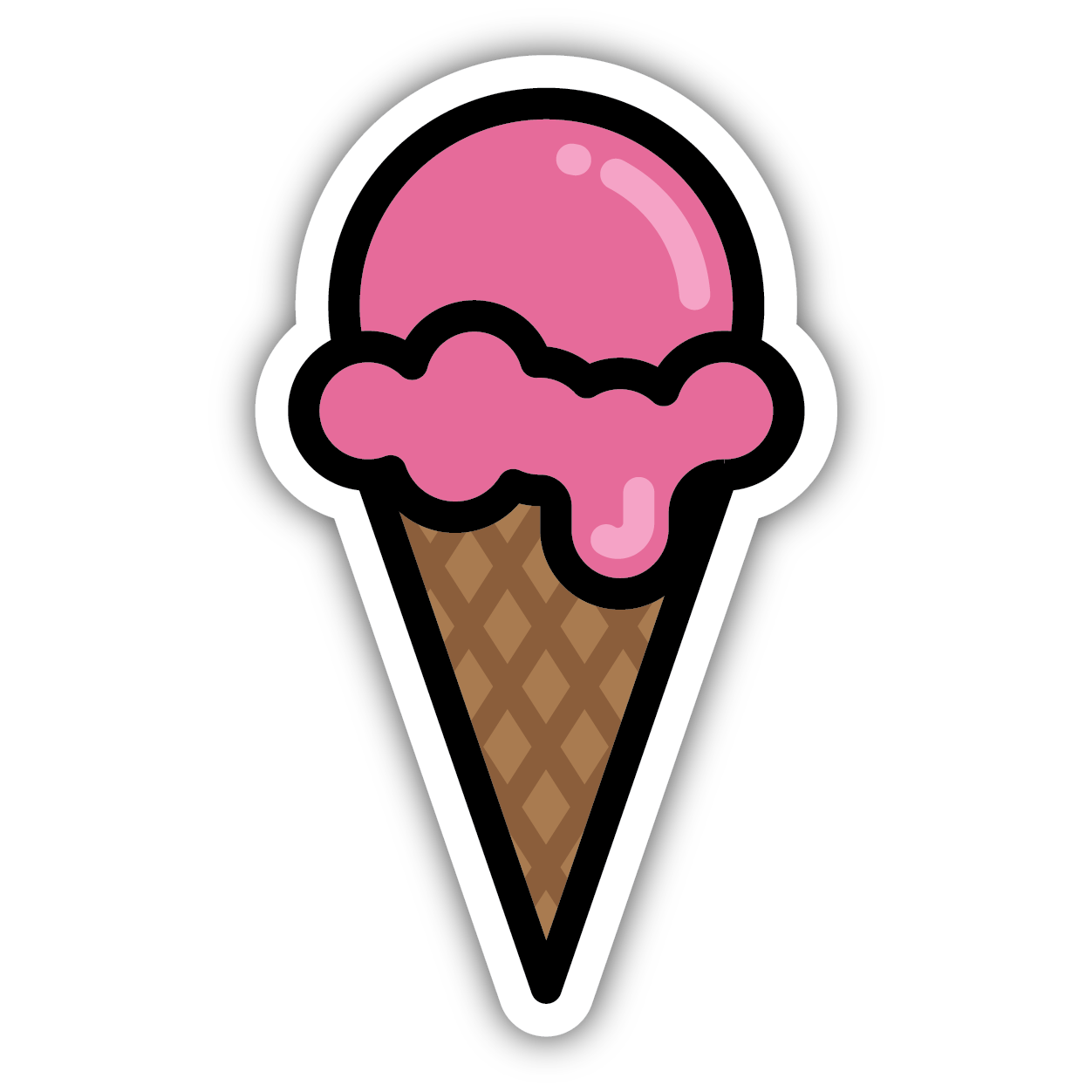 Pink ice cream scoop on a waffle cone sticker with bold black and white outline for decoration