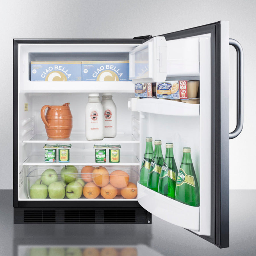 Open stainless steel undercounter refrigerator with stocked shelves and door compartments for kitchen and appliance collections