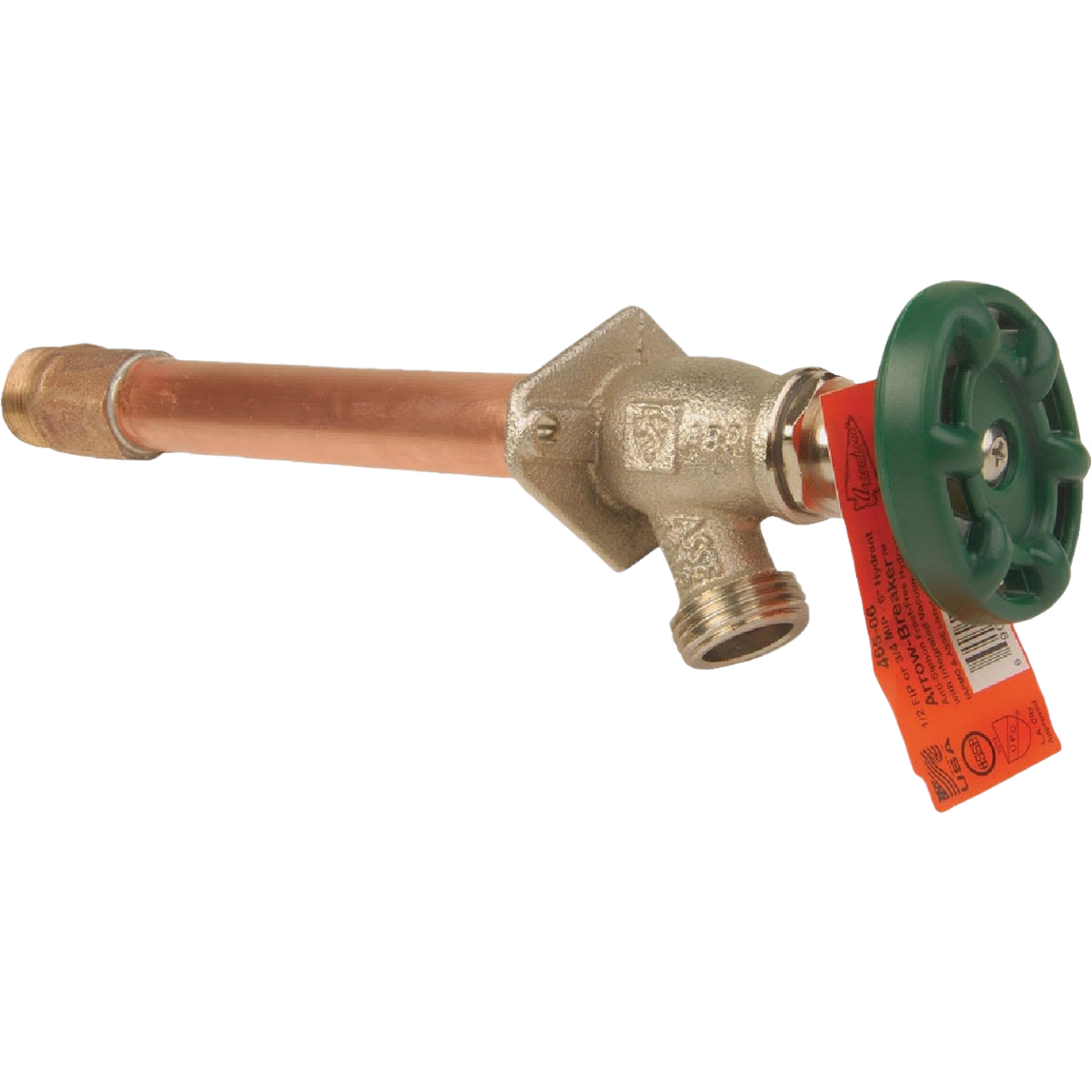 Brass frost free wall hydrant with green handle and copper pipe for outdoor home improvement use