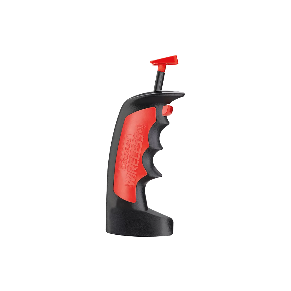 Ergonomic black and red wireless handheld controller designed for 1:32 and 1:24 scale slot car racing use