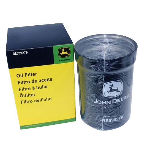 Black cylindrical engine oil filter with John Deere logo beside its yellow and green labeled product box