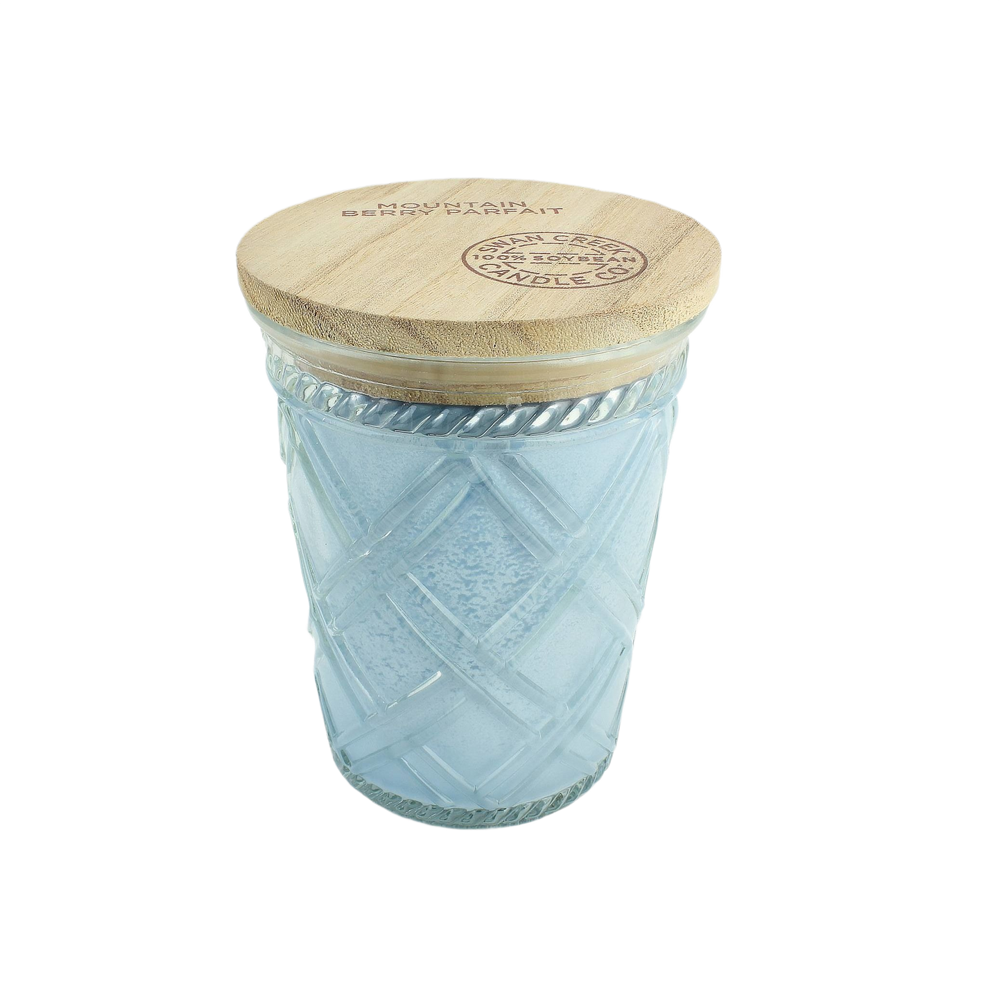Frosted glass jar candle with diamond pattern and natural wood lid for home ambiance and decor