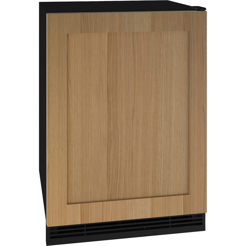 Compact 24 inch integrated door refrigerator/freezer with wood finish panel, part of kitchen appliances collection.