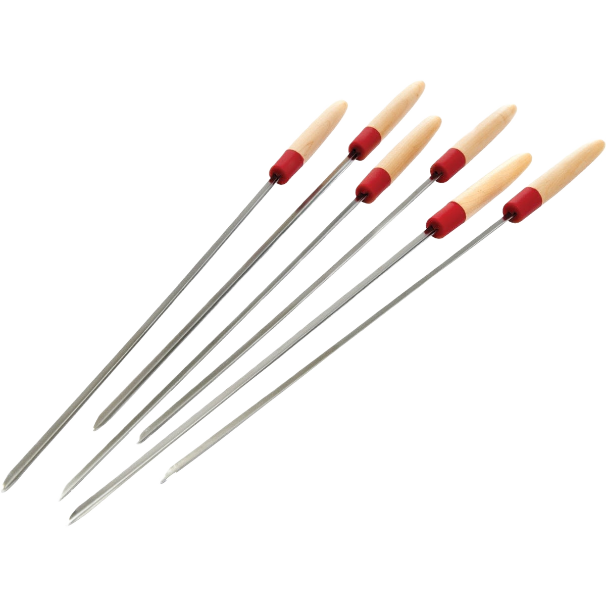 Set of six stainless steel skewers with wooden handles and red silicone accents for grilling accessories and outdoor cooking.