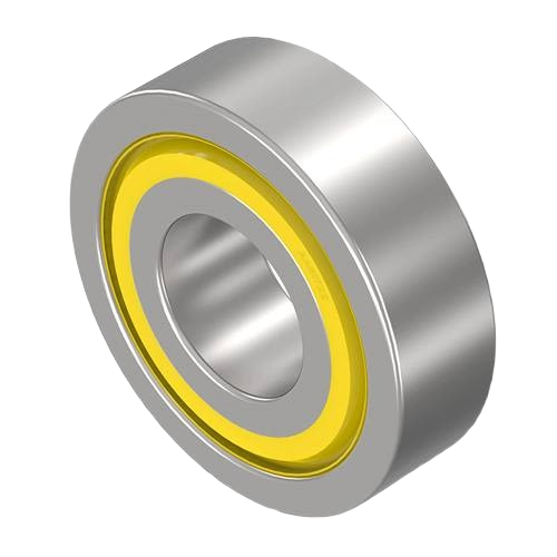 Silver single row cylindrical ball bearing with yellow seal designed for tools and home improvement applications