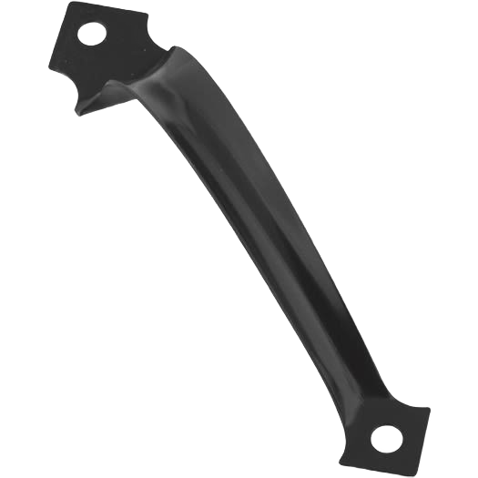 Black ornamental metal gate pull with curved handle, suitable for door and gate hardware in home improvement collection