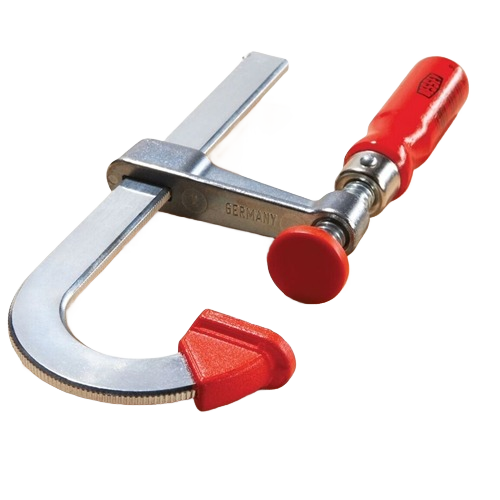 U-style metal bar clamp with red plastic handle and protective red pads for woodworking and home improvement tasks