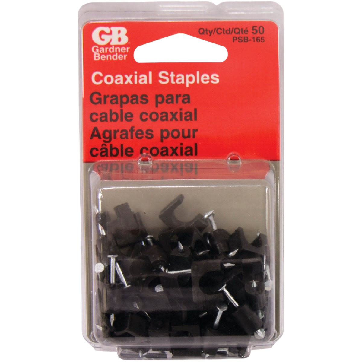 Black coaxial staples in clear plastic case with red label for securing cables in electrical and home improvement tools.