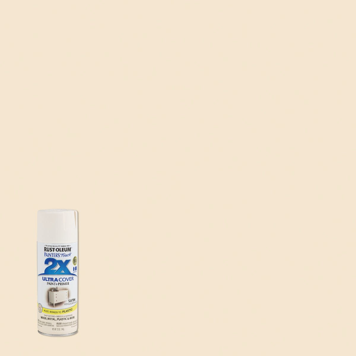 12 oz. can of Rust-Oleum 2X Heirloom White Satin spray paint and primer for home improvement projects