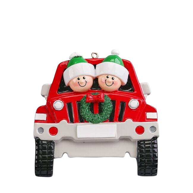 Red SUV ornament with two smiling figures wearing green and white holiday hats from Christmas Ornaments collection