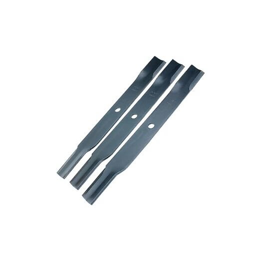 Set of three standard mower blades with mounting holes designed for lawn mower replacement and home improvement.
