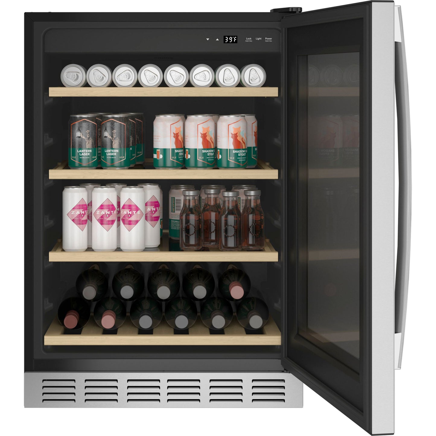GE Profile Series beverage center with glass door, wooden shelves, and digital temperature control in Appliances collection
