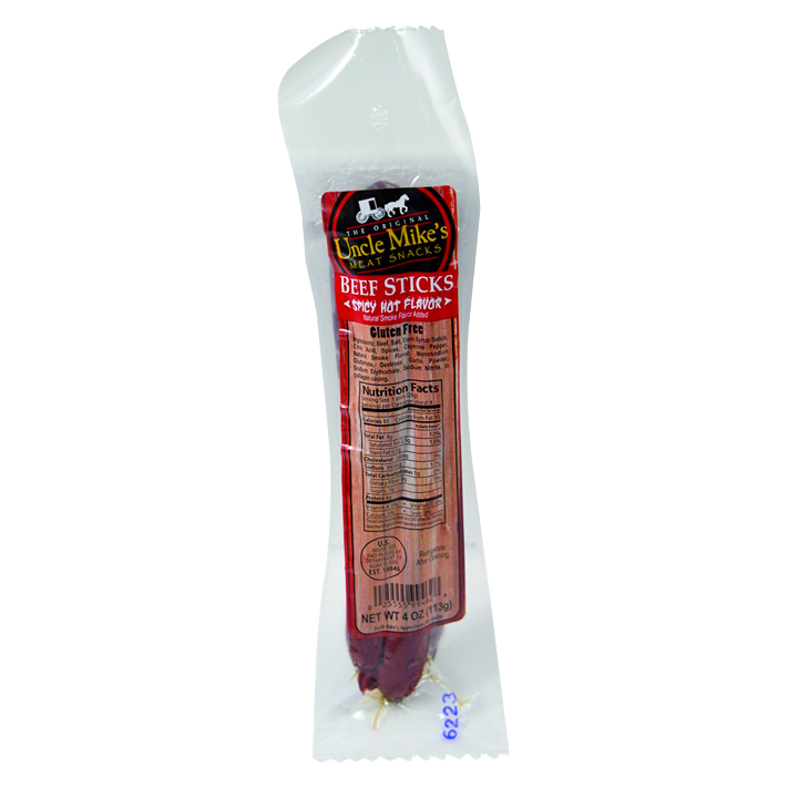 Spicy hot beef stick in clear packaging with red and black label for chips and snacks collection under $50