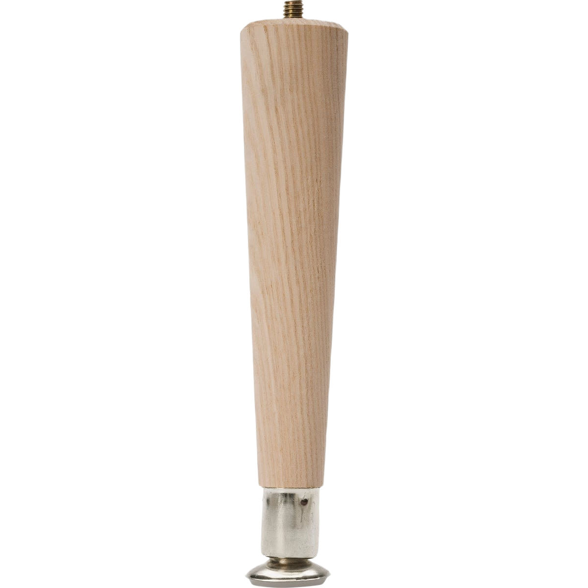 Tapered hardwood table leg with metal foot and threaded top for furniture support in home improvement use
