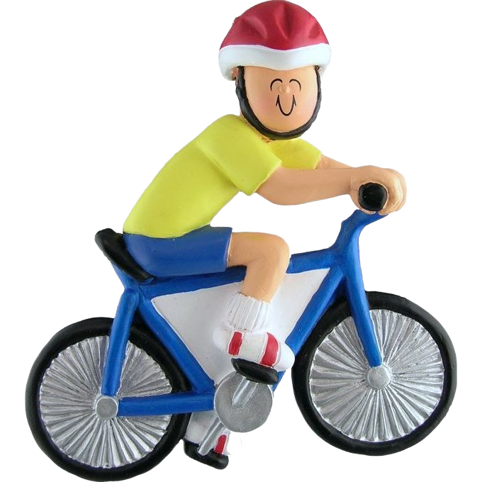 Personalized male bicycle rider ornament wearing red helmet and yellow shirt from Christmas Ornaments & Tree Decorations collection