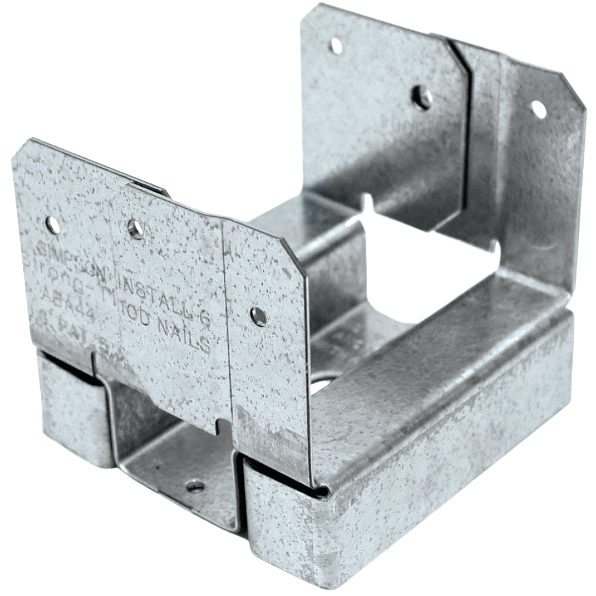 Galvanized steel post base bracket for securing 4x4 wood posts in lumber and building materials section