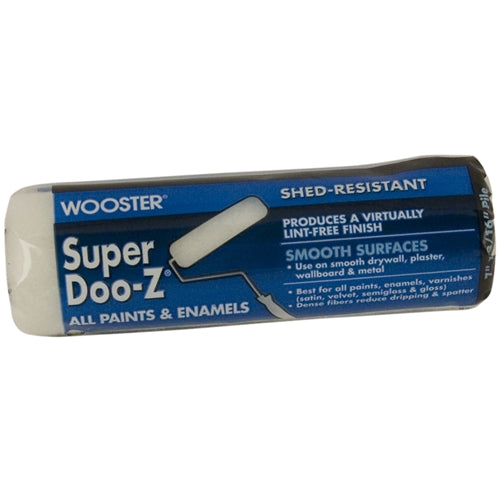 Blue and white Wooster paint roller cover designed for smooth application of enamels on various surfaces under $50