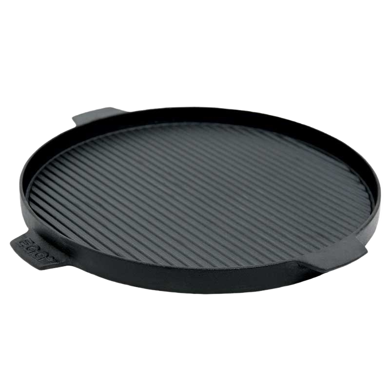Round dual-sided cast iron griddle with ridged surface, ideal for grilling and sautéing in outdoor cooking collections.