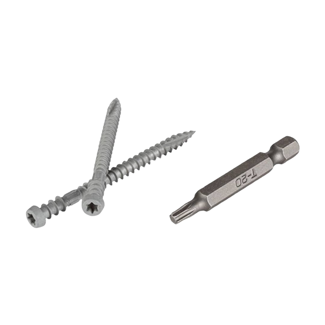 Light gray decking screws with matching driver bit for secure deck installation in home improvement projects