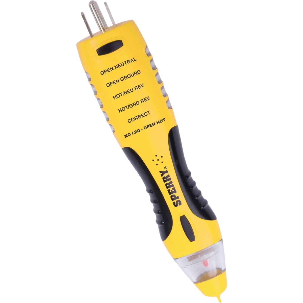 Yellow and black dual-ended electrical tester with LED indicators and labeled diagnostic markings for home improvement tasks